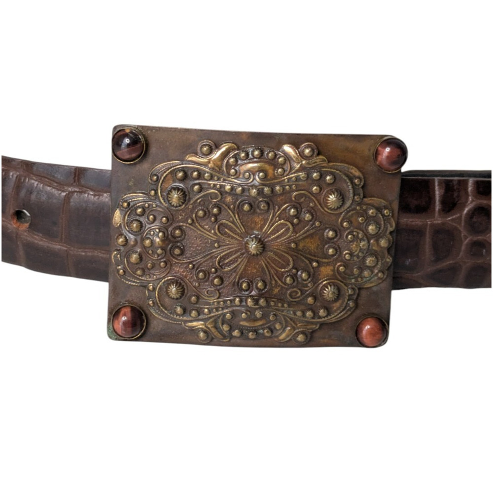 Vintage Elaine Coyne Brown Brass Square Leather Croc Embossed Belt Size Large - Picture 3 of 11